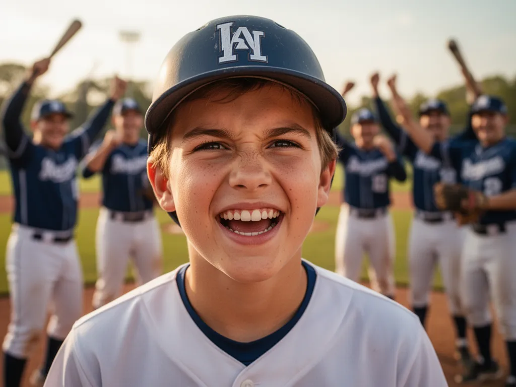 Young baseball player smiling with pride as teammates celebrate behind him on field
