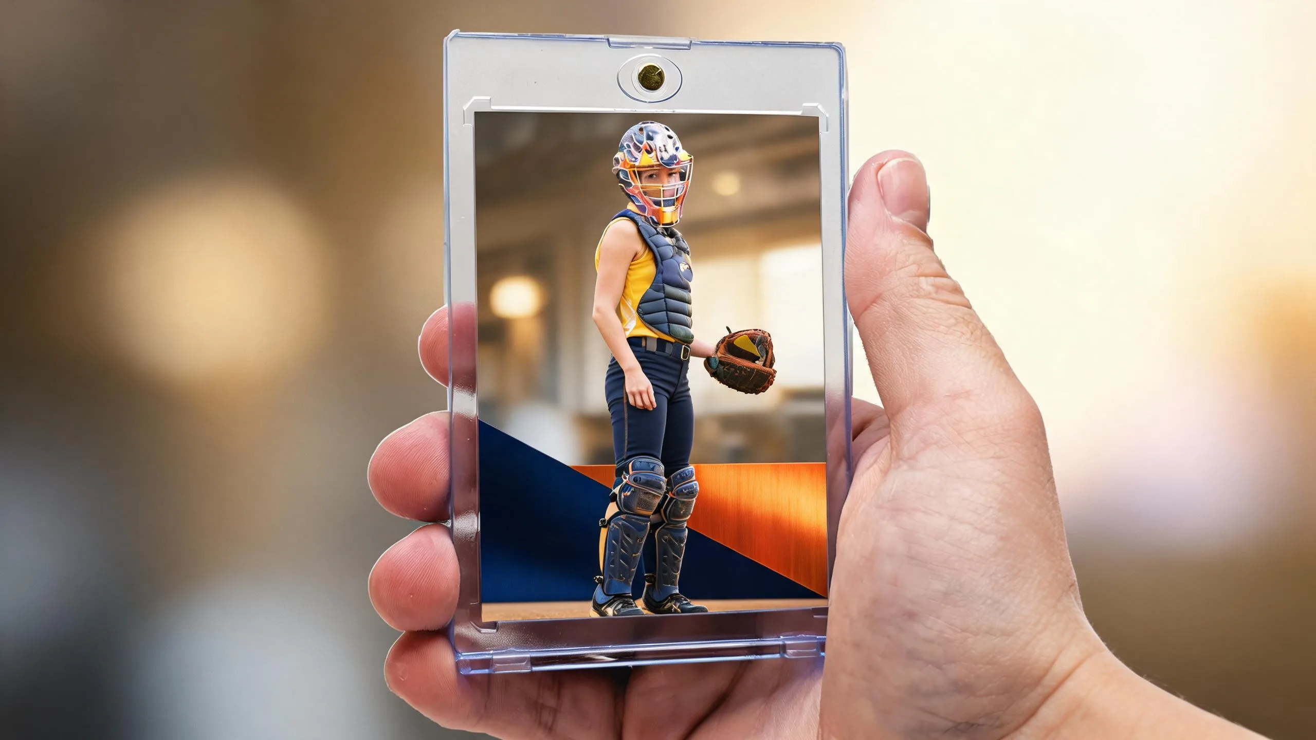 Hand holding a magnetic case to create custom cards, athlete card with diagonal metallic band design.