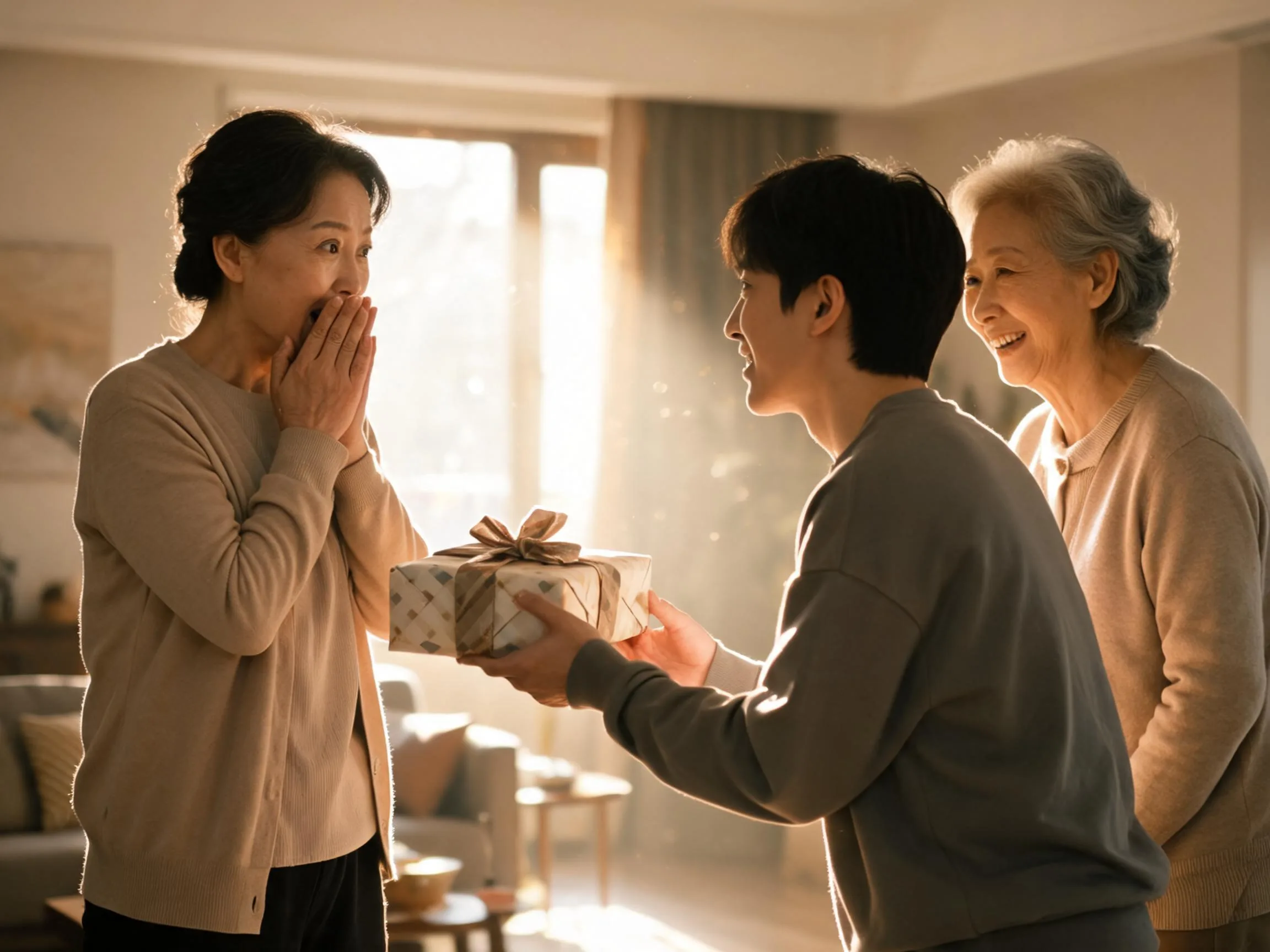 Family member reacting with genuine surprise while being handed an unexpected wrapped gift.