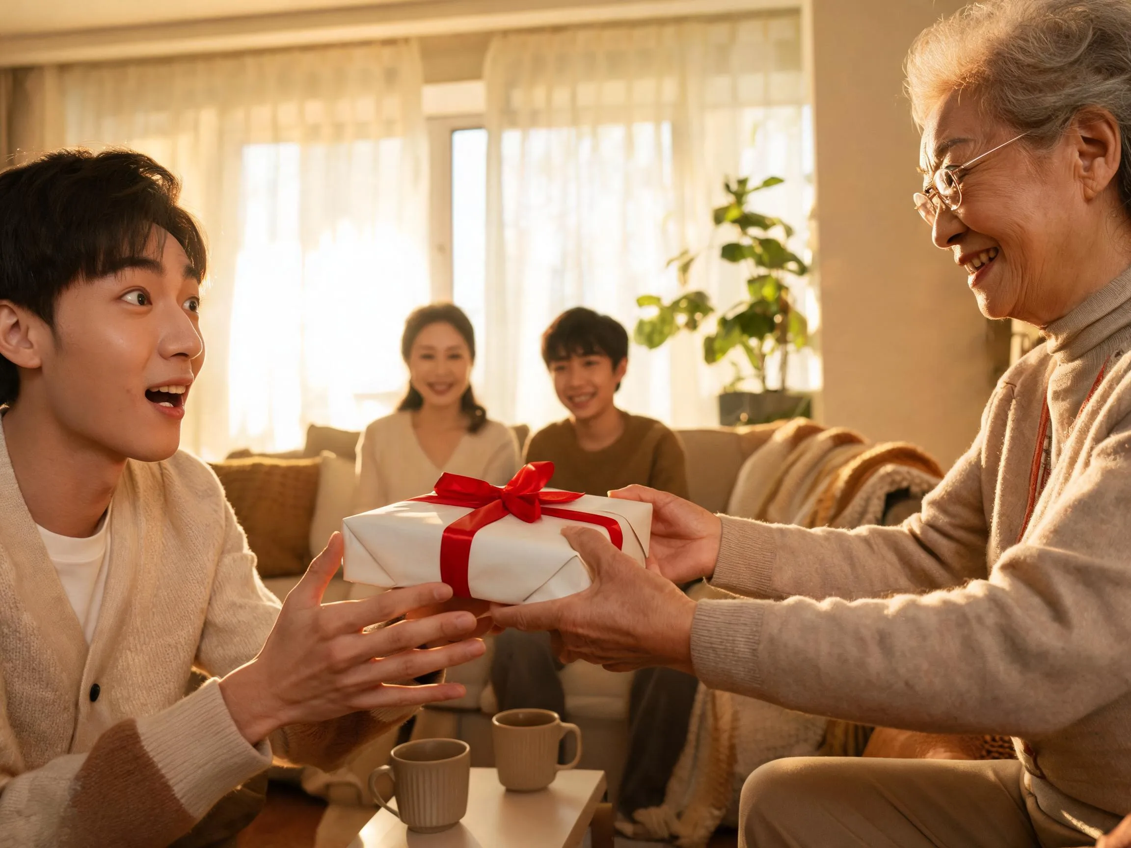 Person's genuine surprised reaction while receiving an unexpected heartfelt gift indoors