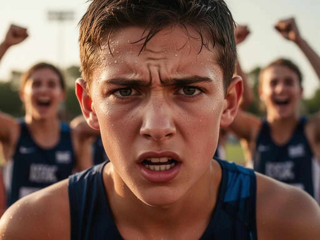 [Close-up portrait of focused athlete with supportive teammates celebrating in blurred background]