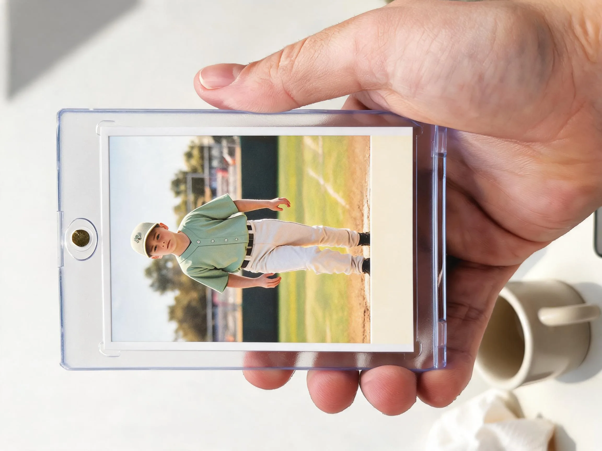 Custom keepsake trading card in magnetic case displayed on white tabletop