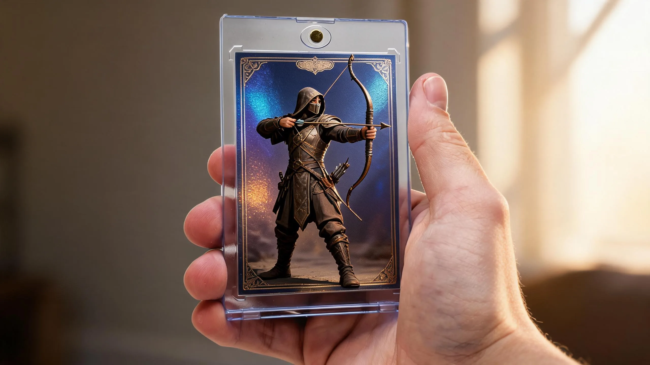 Hand holding a magnetic case with a custom illustrated trading card — create custom mtg cards
