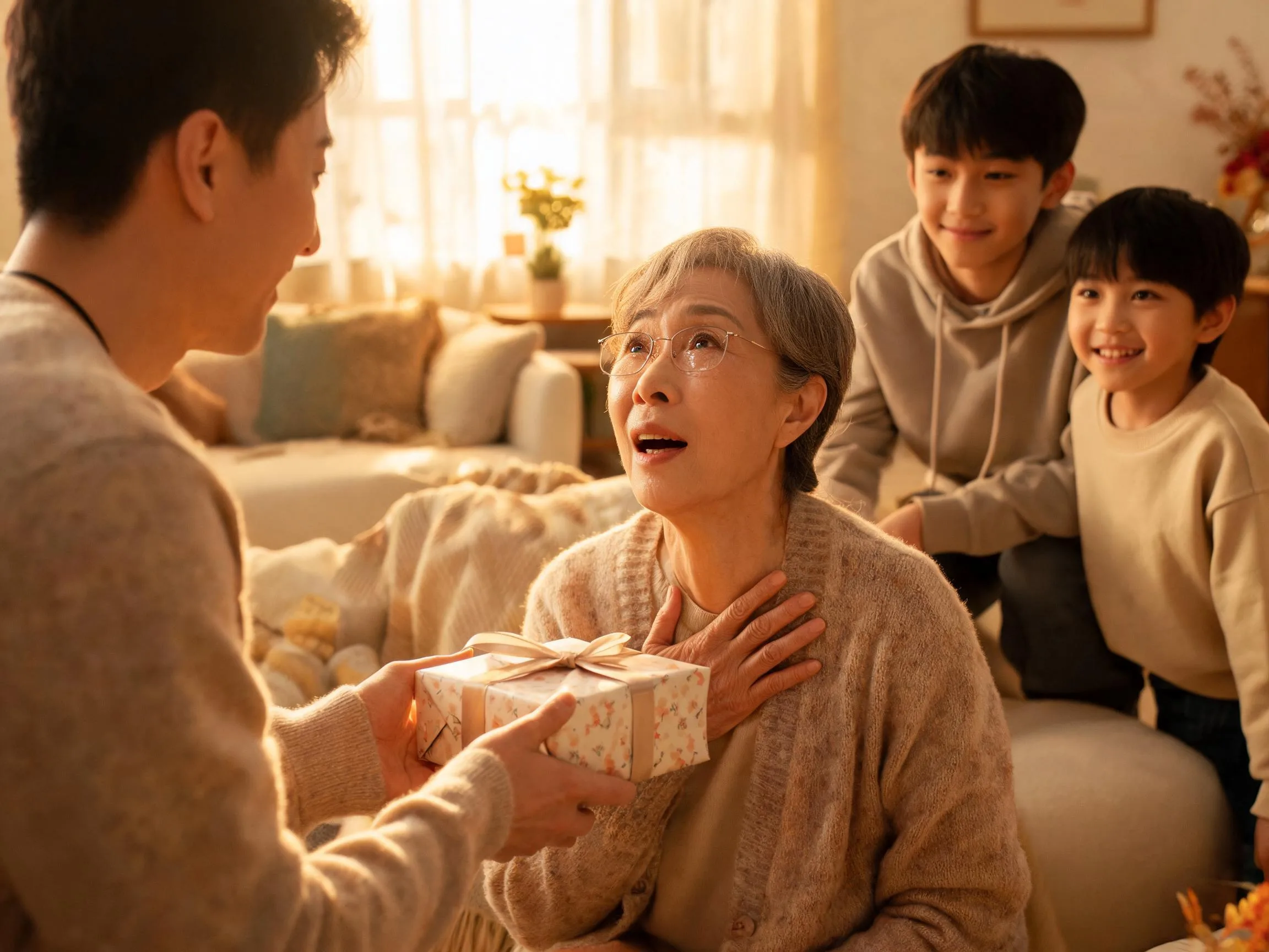 Family member reacting with joyful surprise while receiving an unexpected gift indoors