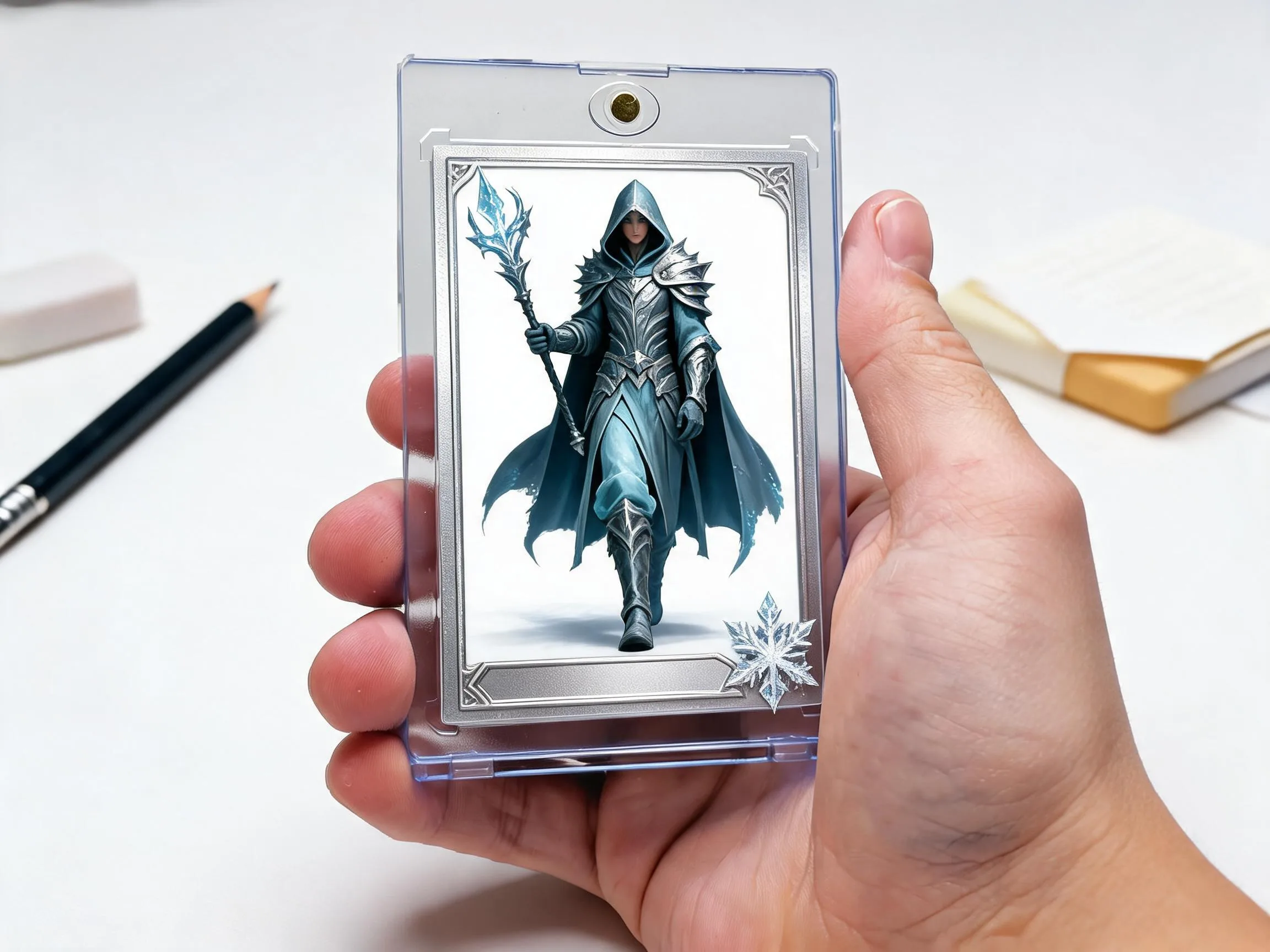 Custom keepsake trading card with painted metallic border in a magnetic display case