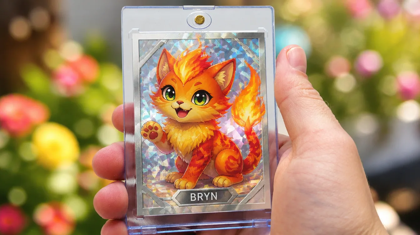 Custom Pokemon-style creature card in a one-touch magnetic display case
