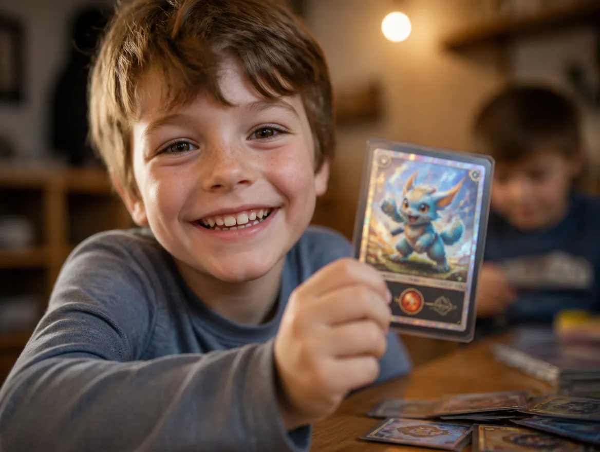 Happy kid holding a custom creature trading card he created