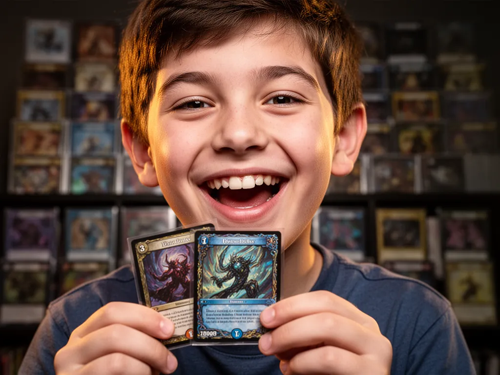 Young collector smiling while proudly displaying their custom-designed trading card creation