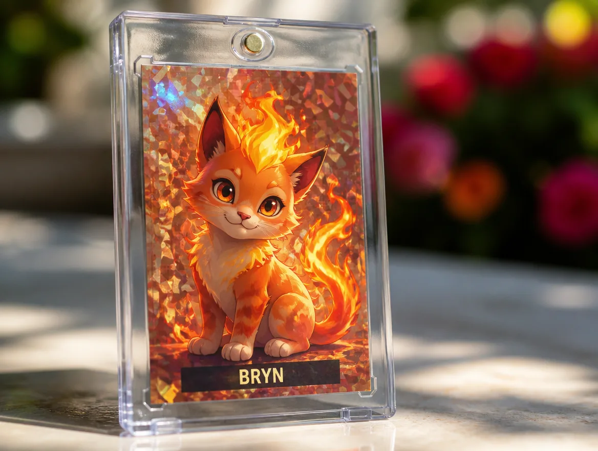 Custom creature trading card displayed in a premium magnetic case