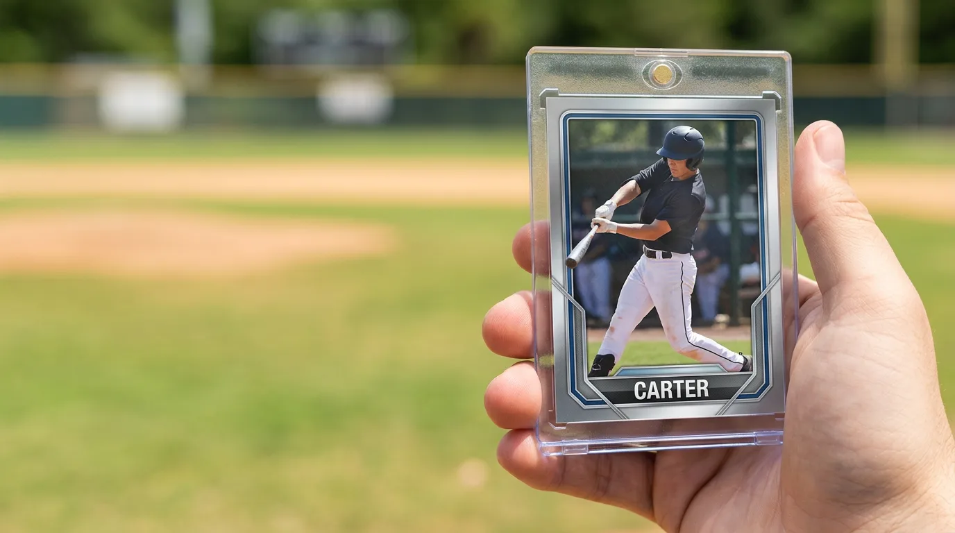 create custom sports card: a custom printed trading card in a magnetic case, held in hand