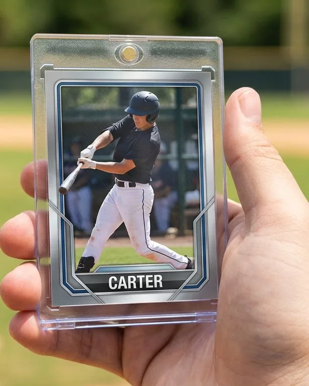 Close-up of a custom trading card in a magnetic case for create custom sports card