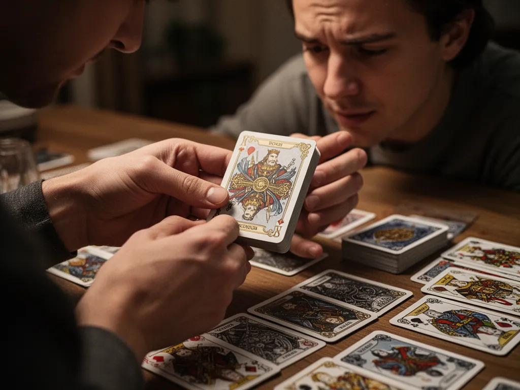 [Player's hands carefully arranging personalized card deck with focused concentration and satisfaction]