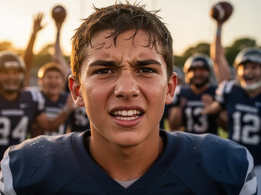 Young athlete's determined expression after scoring with celebrating teammates visible in soft background