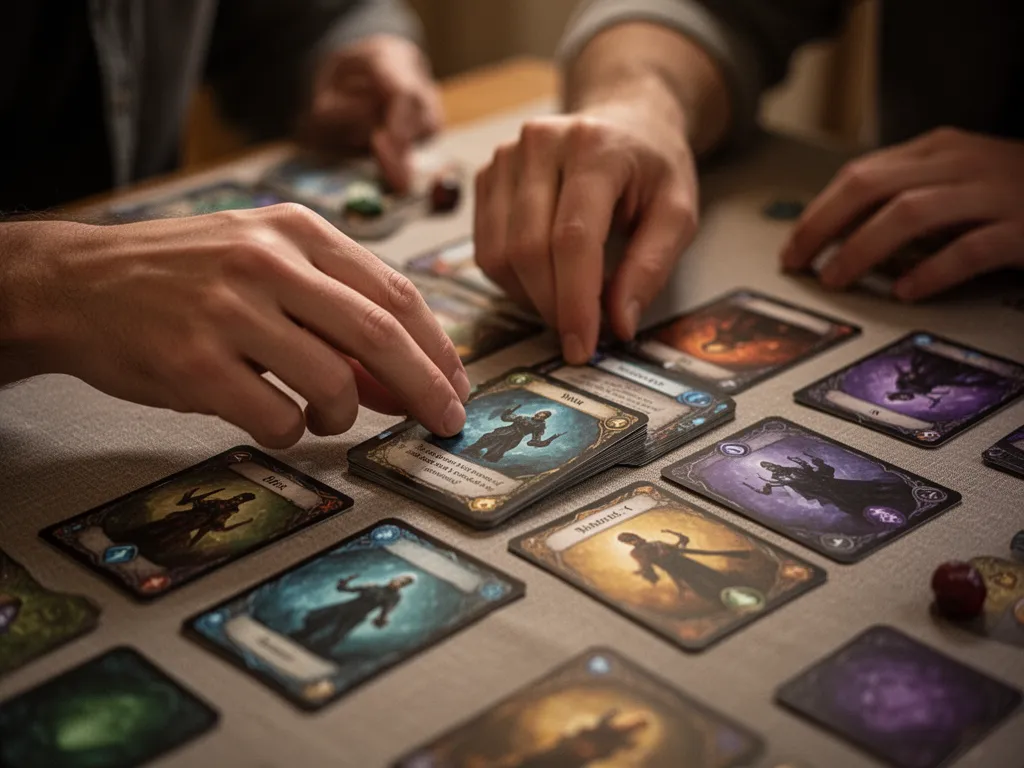 [Player's hands strategically placing colorful mana cards during intense Magic game moment]