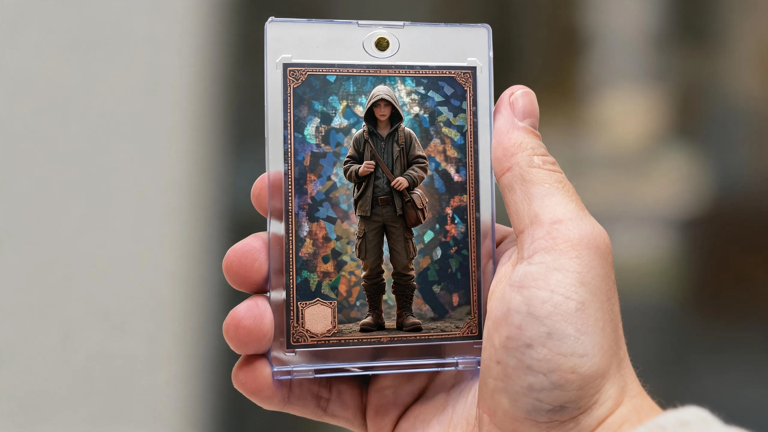 Hand holding magnetic case with holographic create pokemon trainer card, blank foil cartouche, warm studio light.