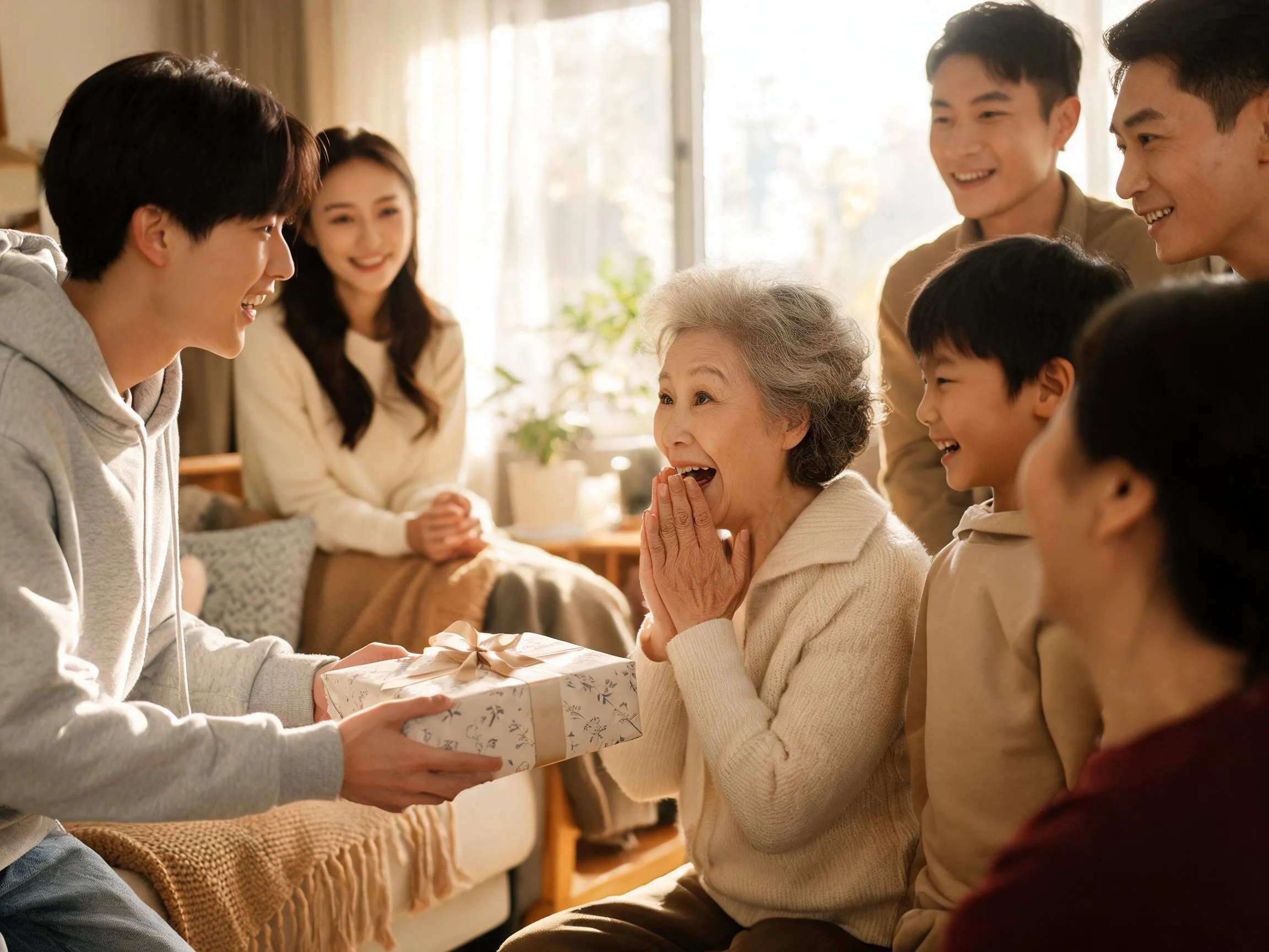 Grandmother reacts with joyful surprise while receiving an unexpected gift from family member.