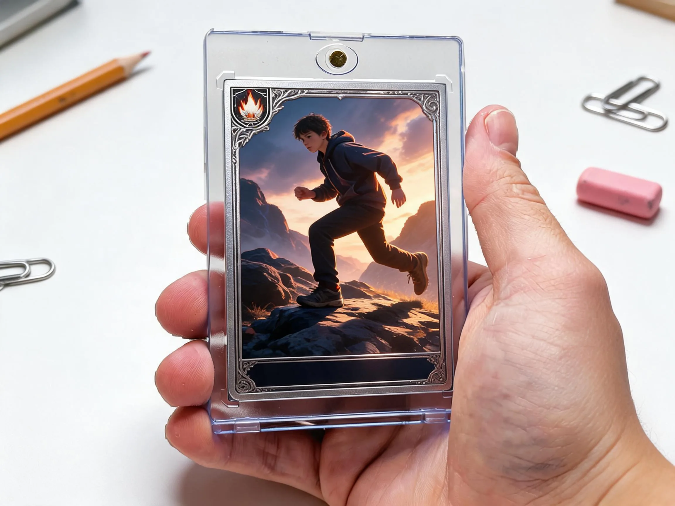 Magnetic case holding a custom illustrated keepsake trading card on white tabletop display.