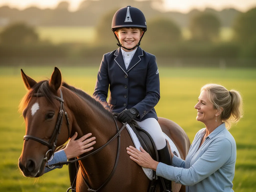 Young equestrian rider smiling proudly on horse with coach offering congratulations nearby