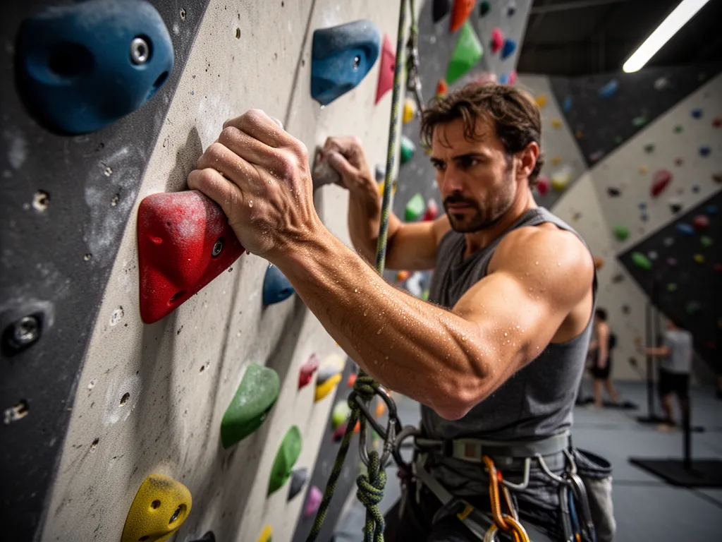 Rock climber's hands and face showing determination while gripping climbing wall holds