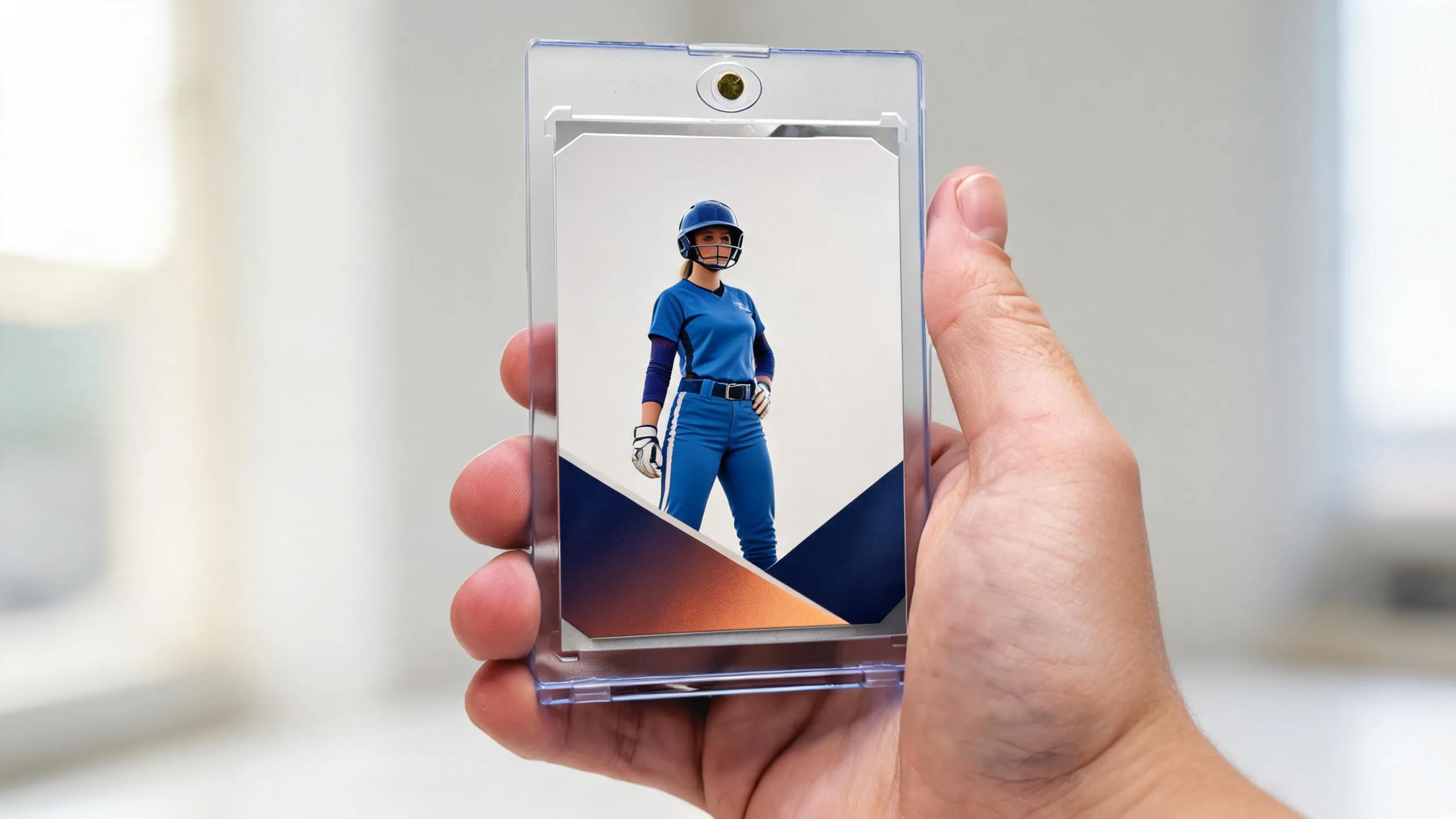 Hand holding a magnetic case with a custom card — create trading cards online with Snapshot.