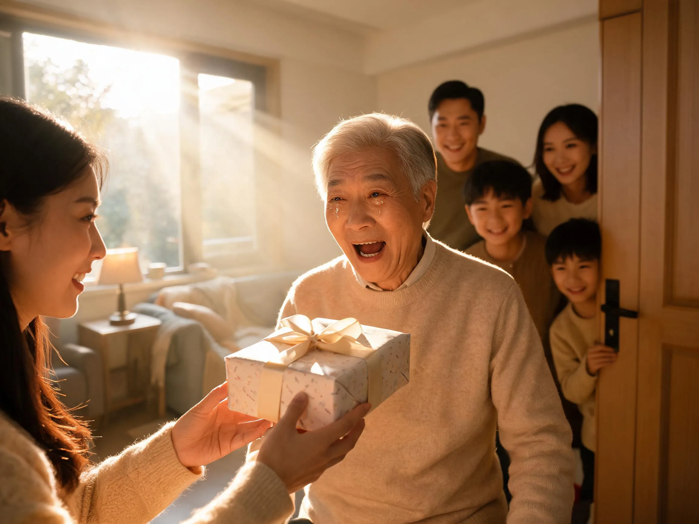 Grandmother reacting with joyful surprise as family hands her an unexpected gift.