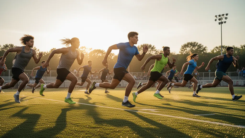 Multiple athletes competing outdoors in dynamic motion under natural sunlight