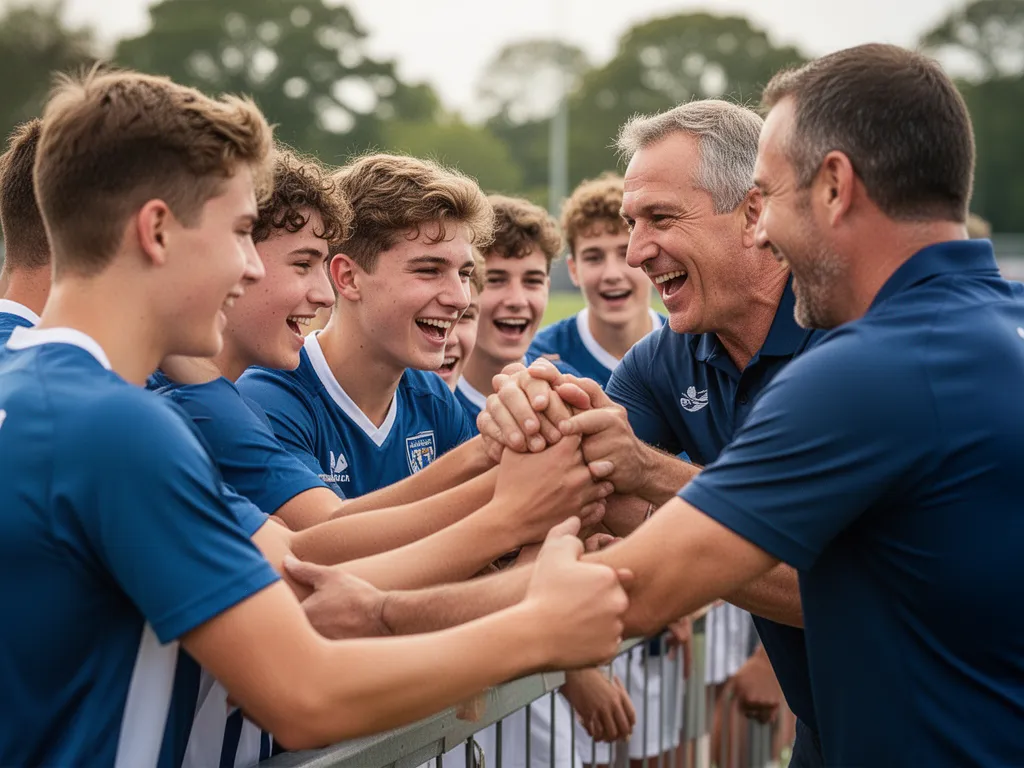 Athletes and coaches embracing in celebration, showing genuine emotion and team bond