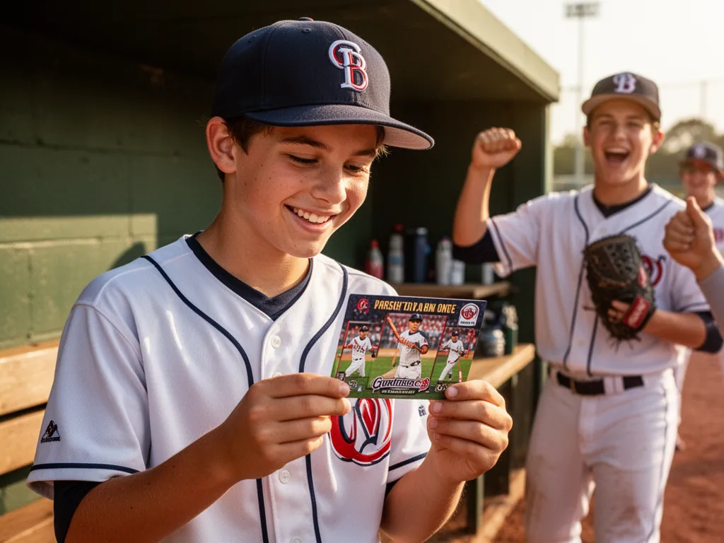 Young baseball player smiling while holding personalized custom card in dugout