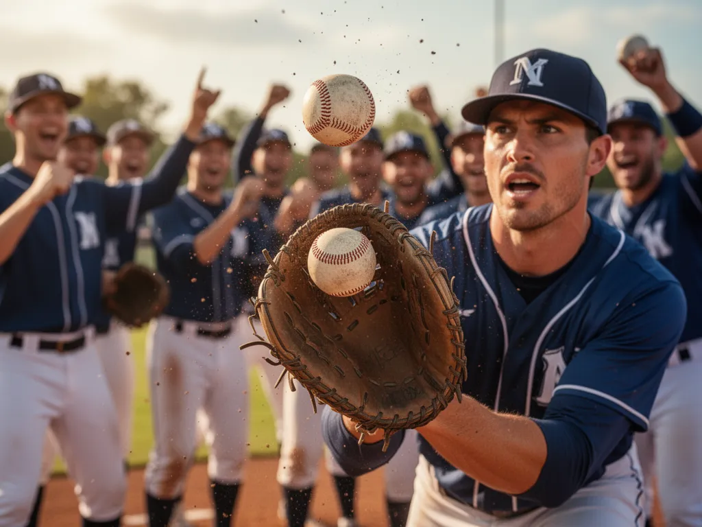Baseball player catching ball with focused expression and celebrating teammates behind