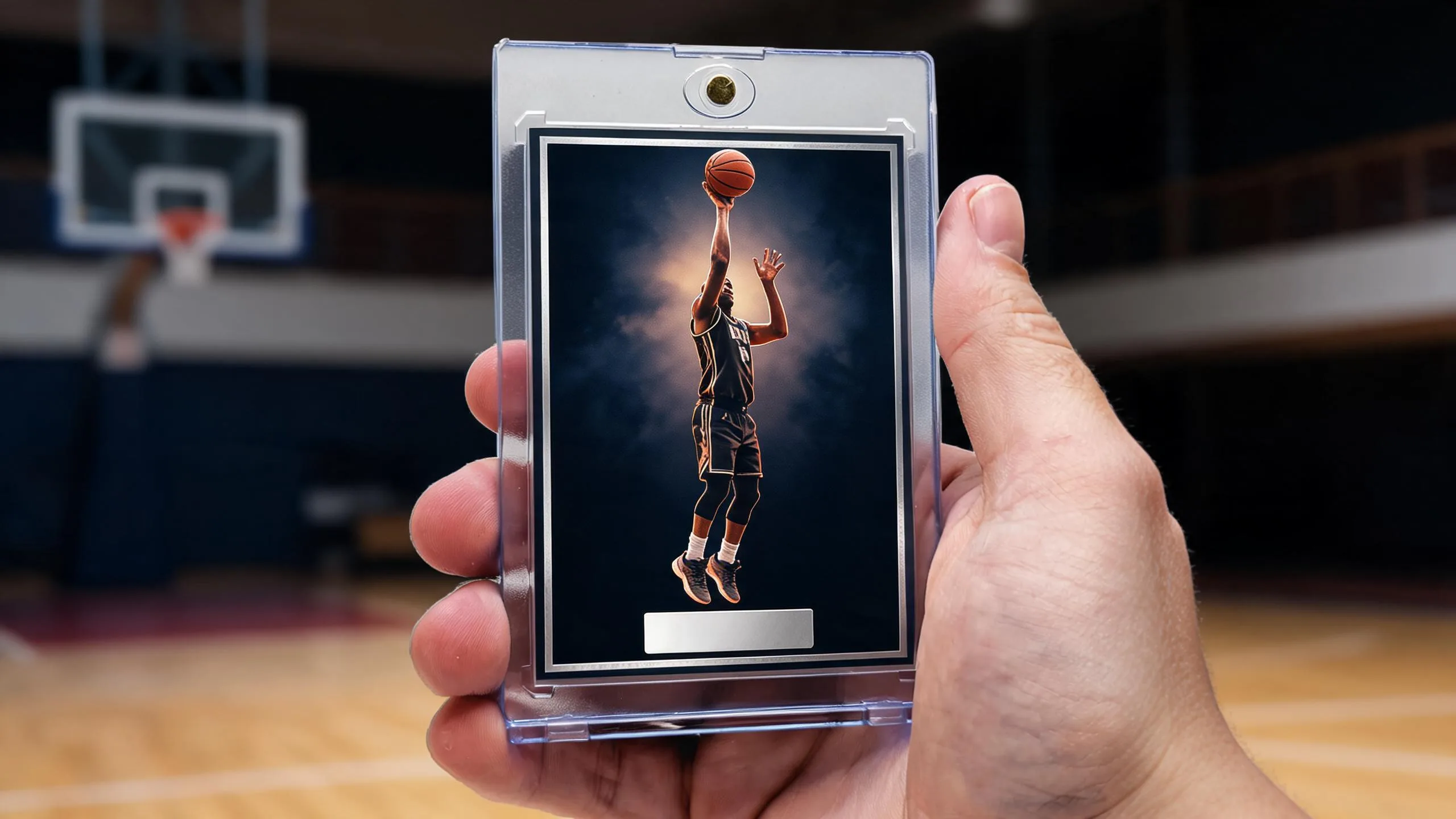Create your own basketball card displayed upright in a clear magnetic case held in hand.