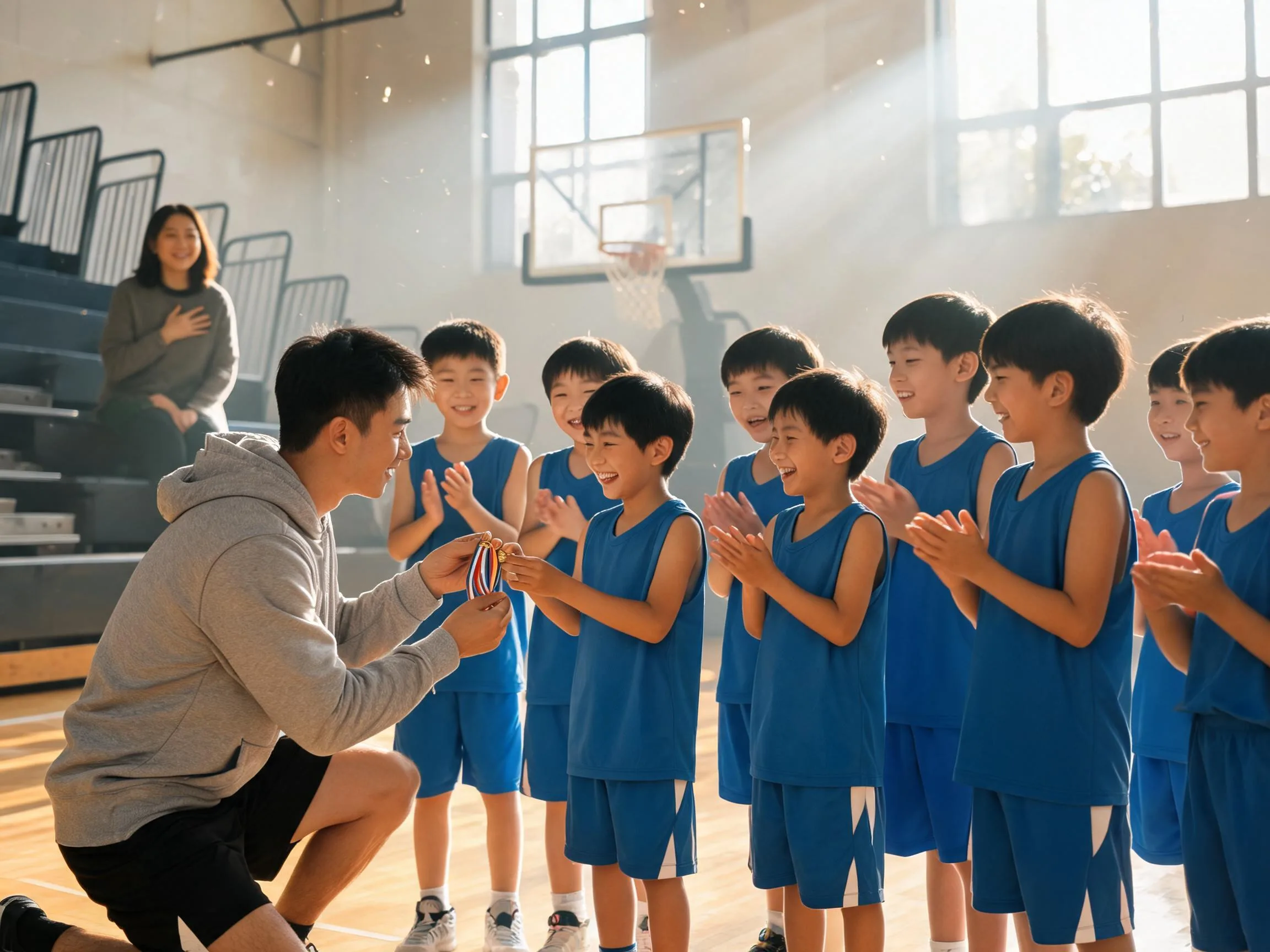 Coach and teammates celebrating with young basketball player in sunlit gymnasium.