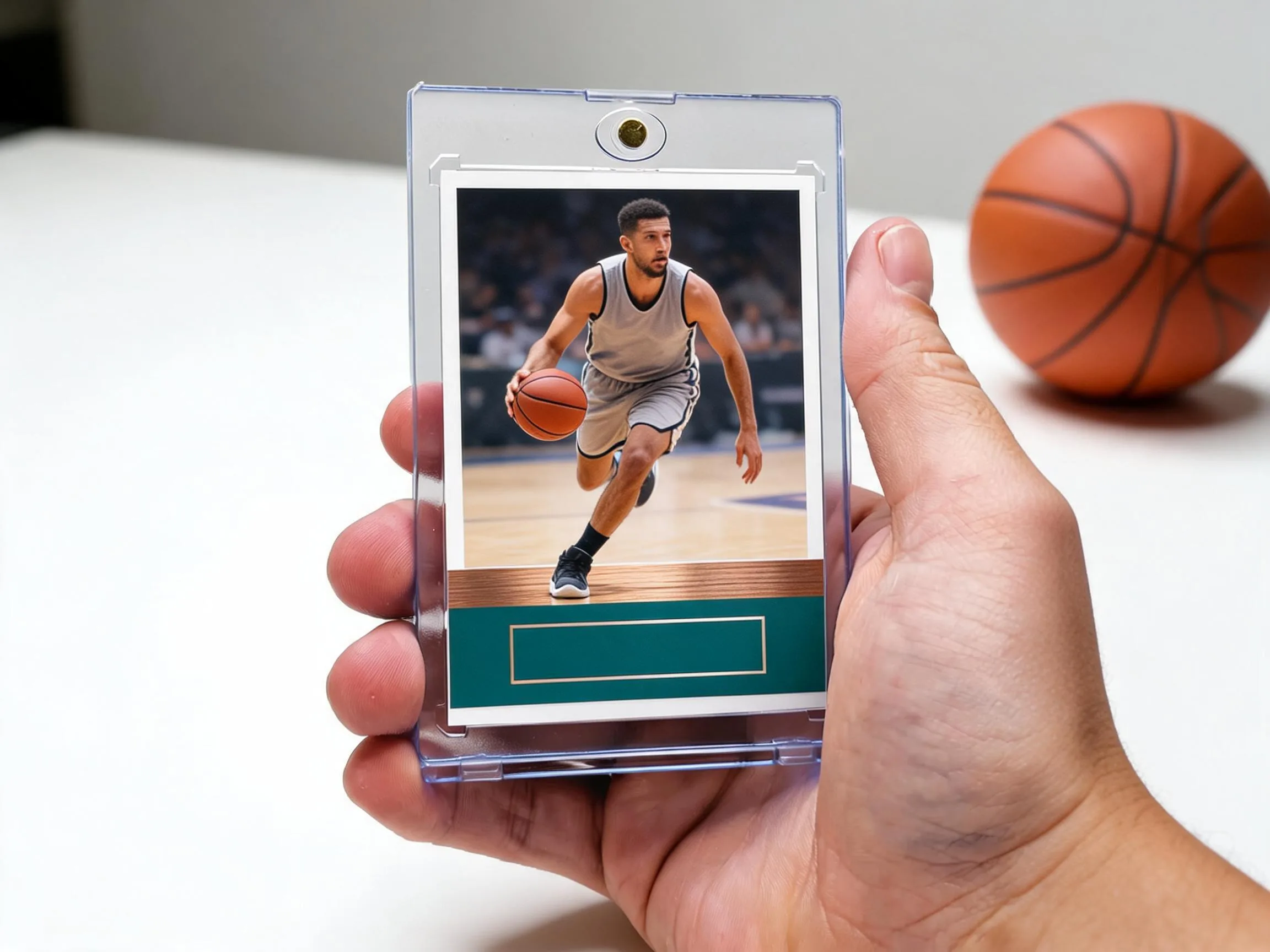Custom basketball trading card in a clear magnetic case on white tabletop.