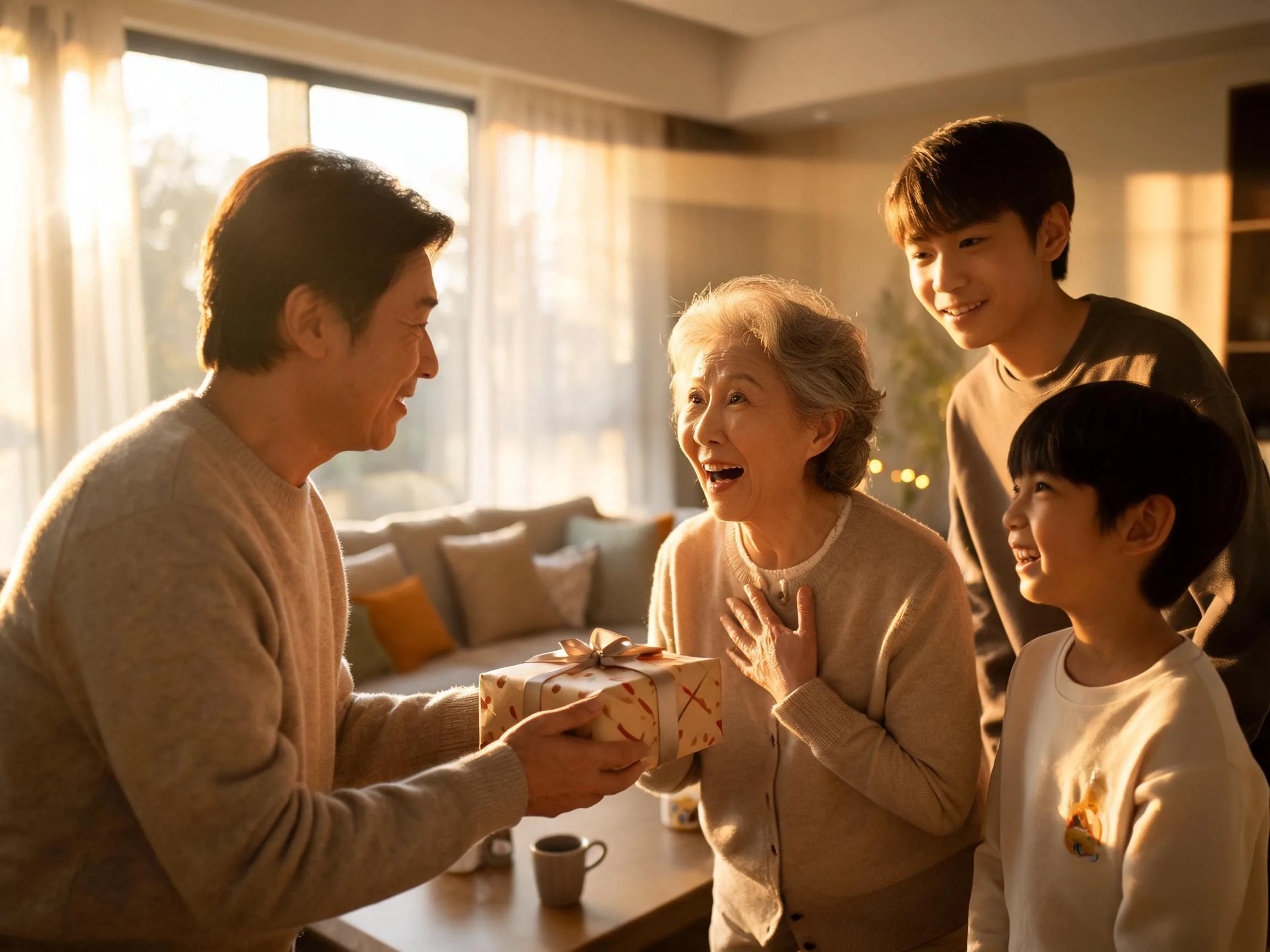 Family member reacting with genuine surprise while being handed an unexpected gift indoors.