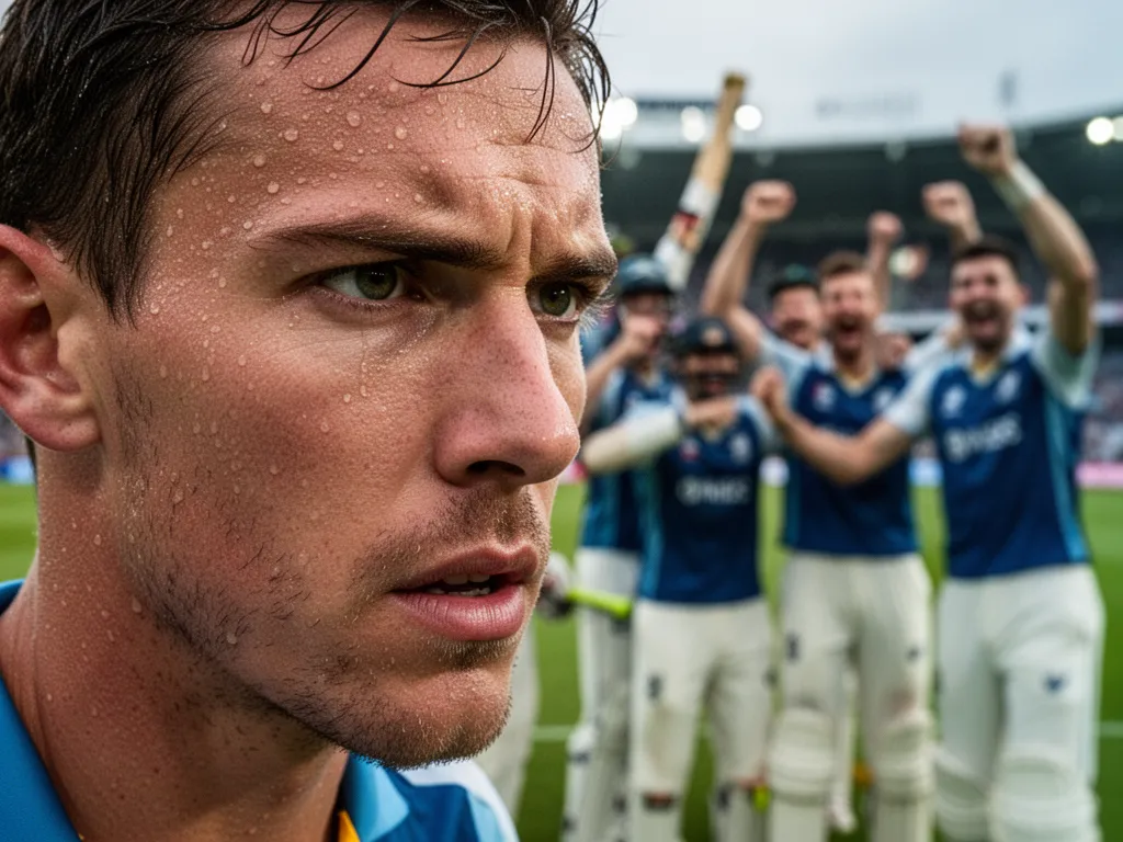 [Athlete's determined expression during competition with celebrating teammates visible behind]