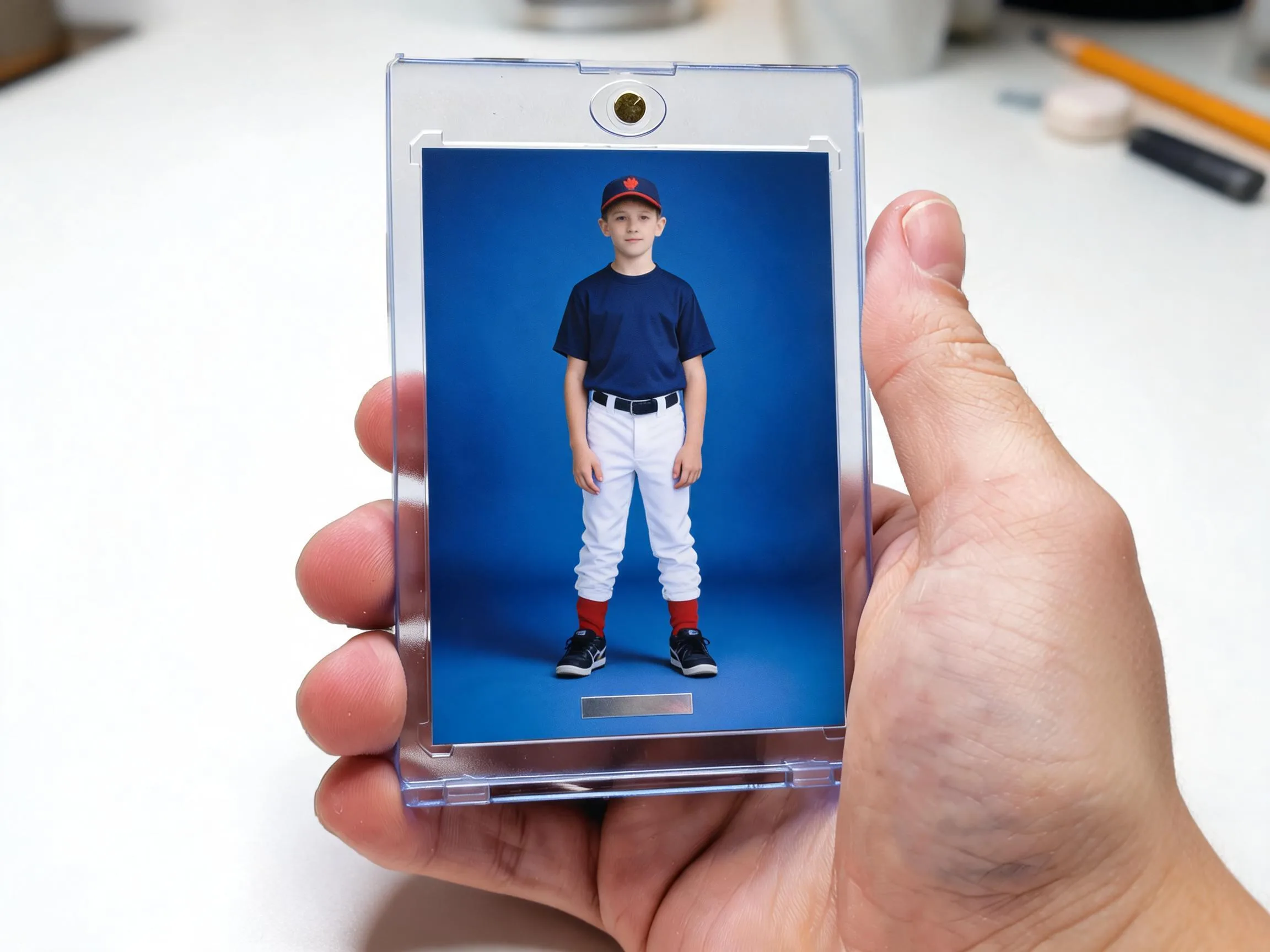 Custom keepsake trading card in a clear magnetic case on a white tabletop.