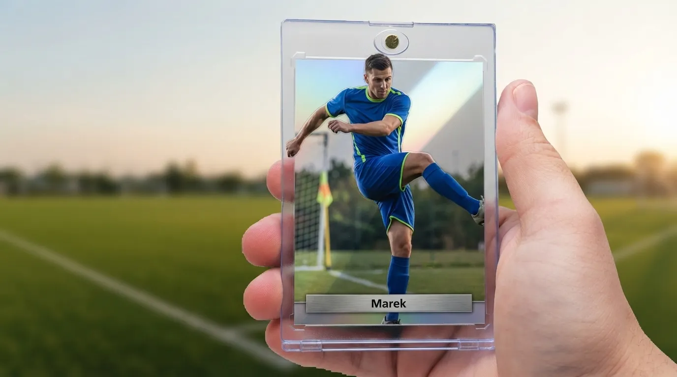 Hand holding magnetic case with create your own FC Mobile card featuring a cut-out striker mid-volley.