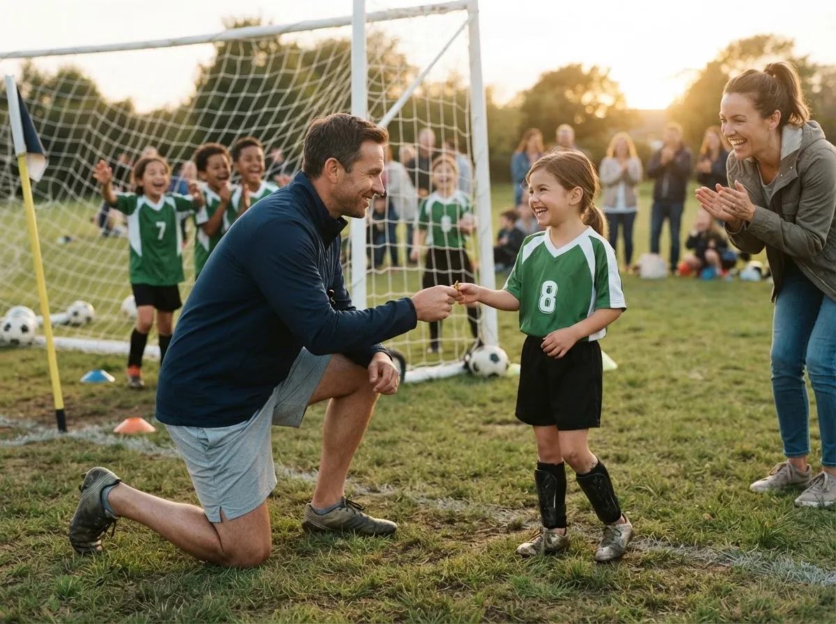 Coach and beaming young player share a proud moment on a soccer pitch after practice.