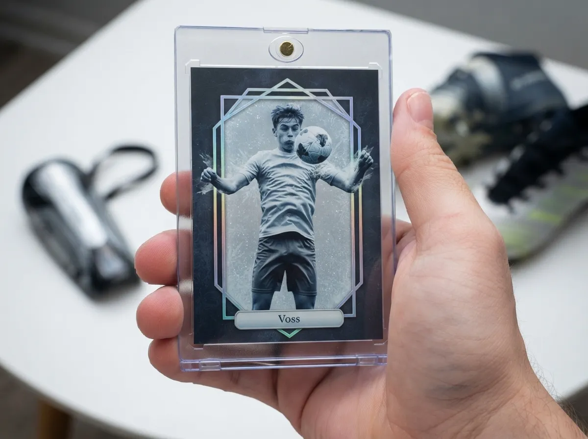 Custom soccer trading card in magnetic case showing frosted silver-blue refractor player design.