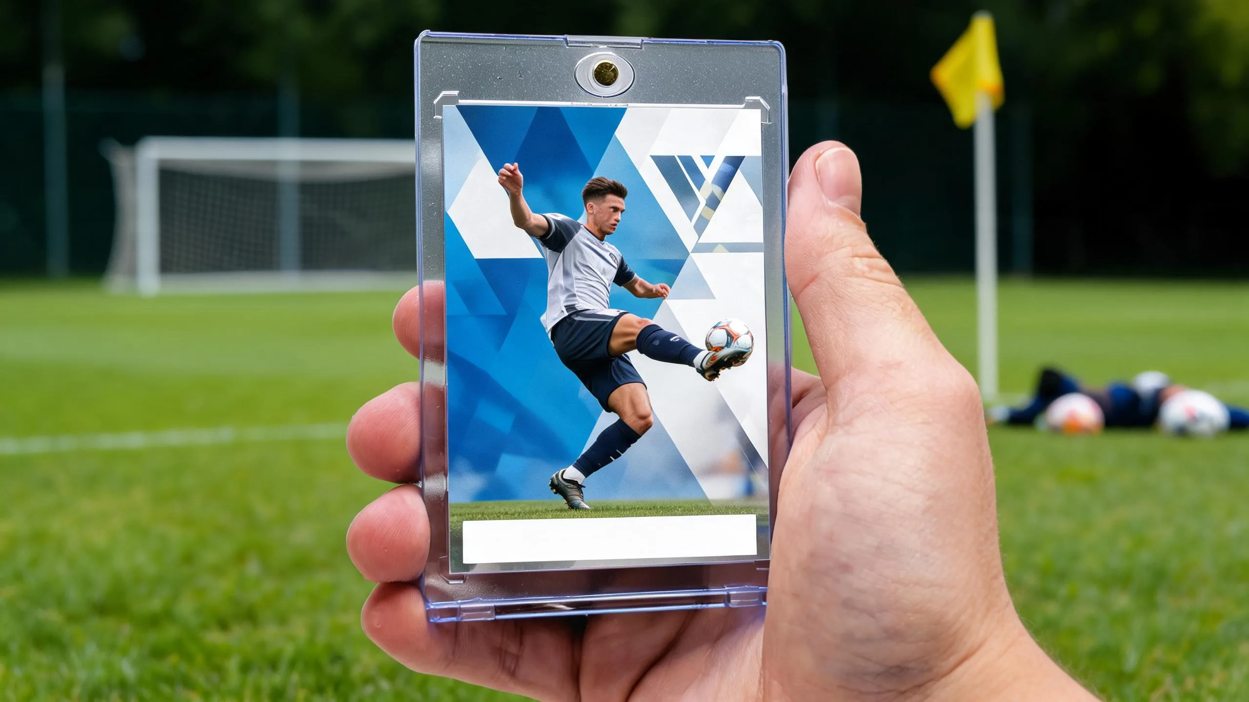 Hand holding create your own fifa card magnetic case with blue chrome soccer player card design