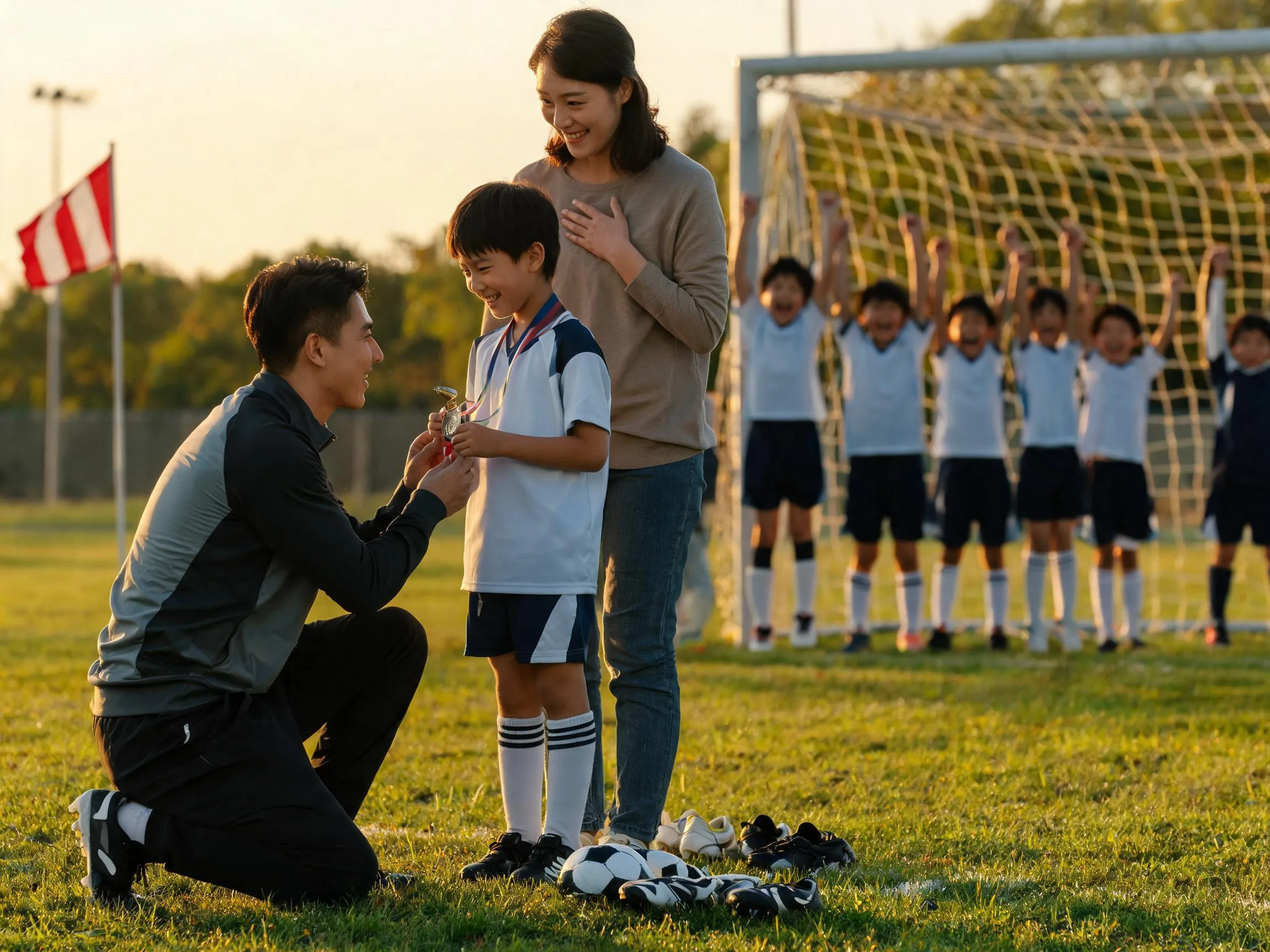 Coach and proud parent celebrating with young soccer player on sunny field