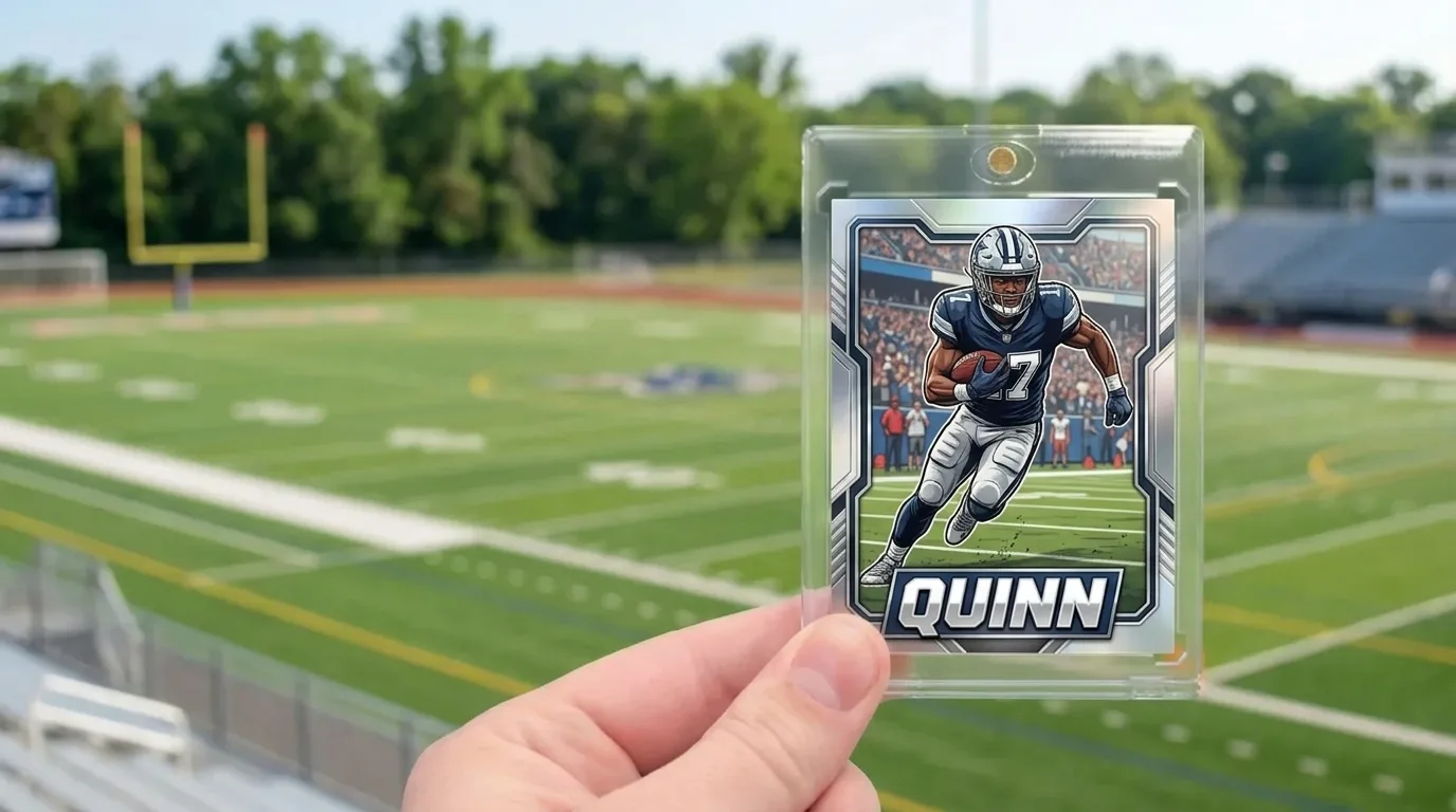 create your own football card free: a custom printed trading card in a magnetic case, held in hand