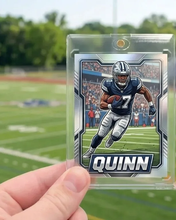 Close-up of a custom trading card in a magnetic case for create your own football card free