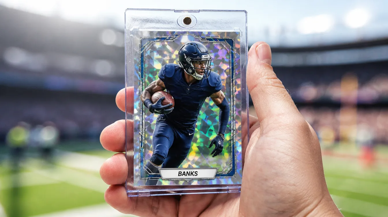 Create your own football card shown in a one-touch magnetic display case