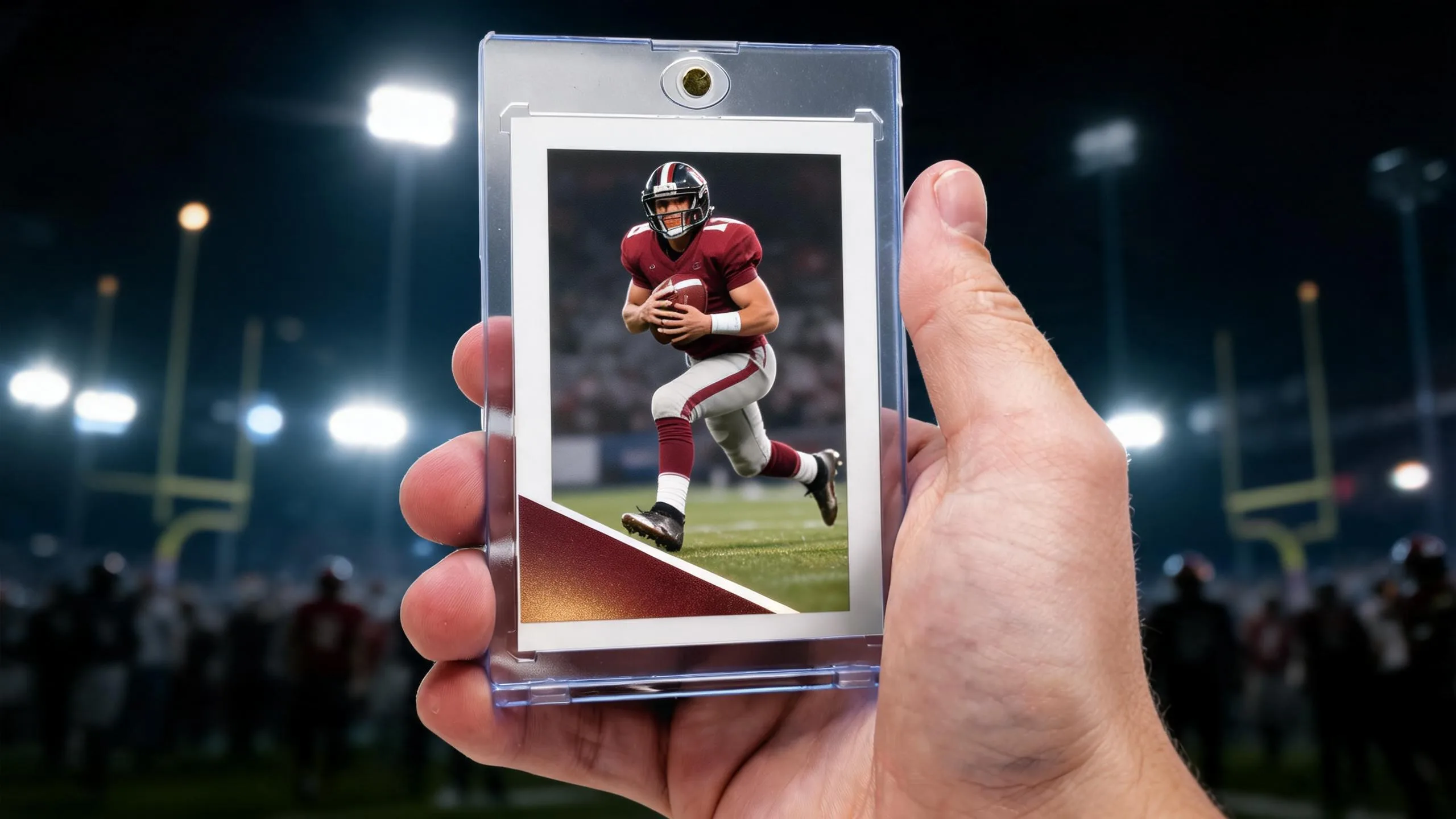 Hand holding a magnetic case to create your own football card with a running back design.