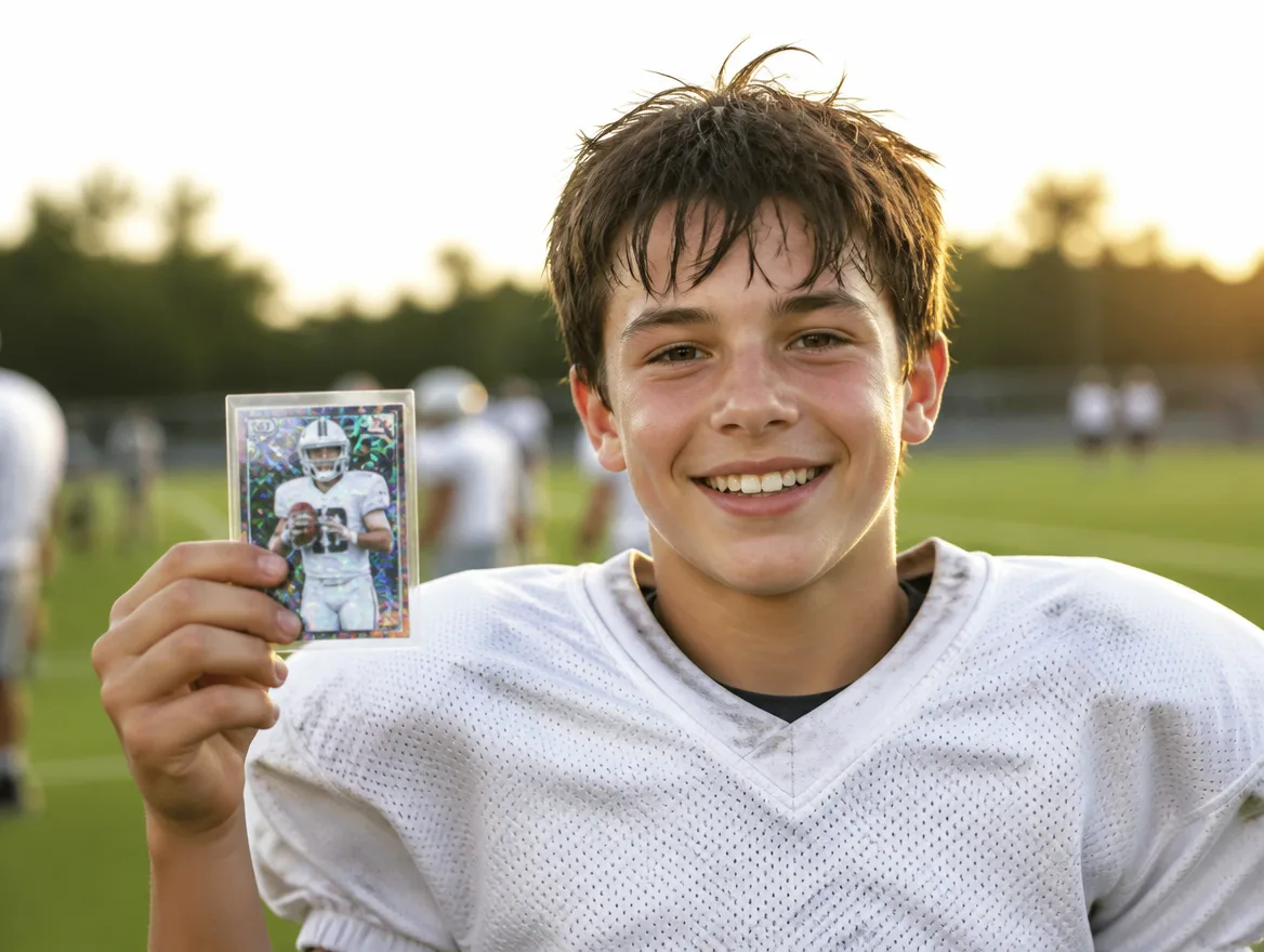 Young football player holding up his custom trading card