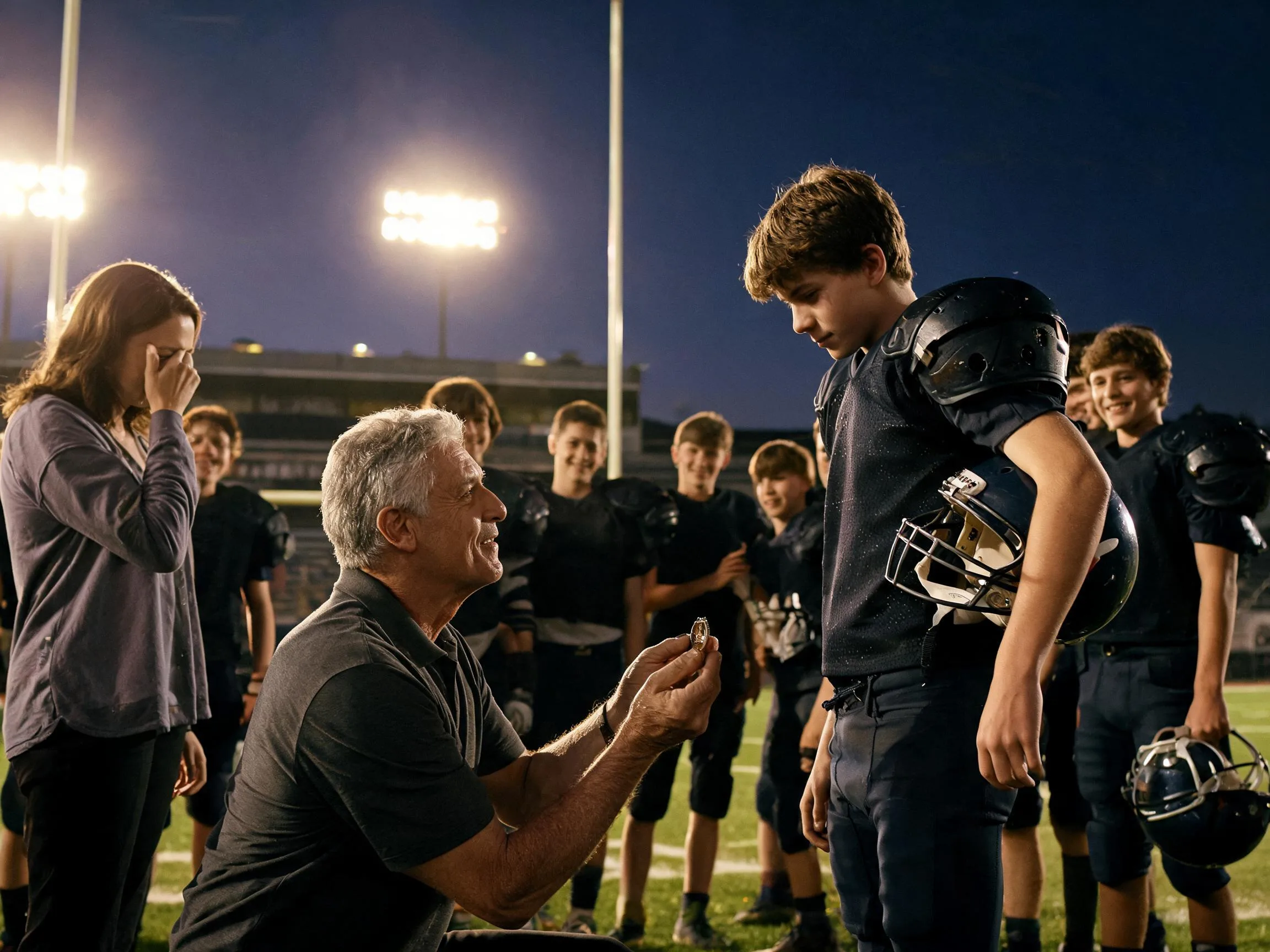 Coach and young football player share a proud moment under Friday night stadium lights.