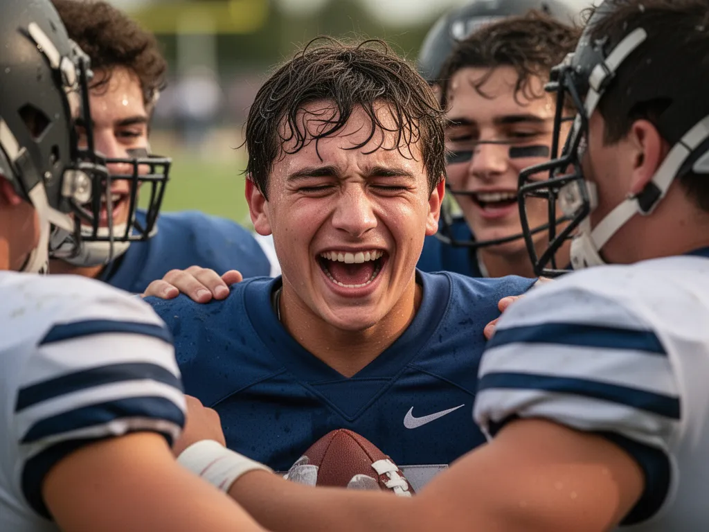 Young football players celebrating together showing genuine emotion and team spirit
