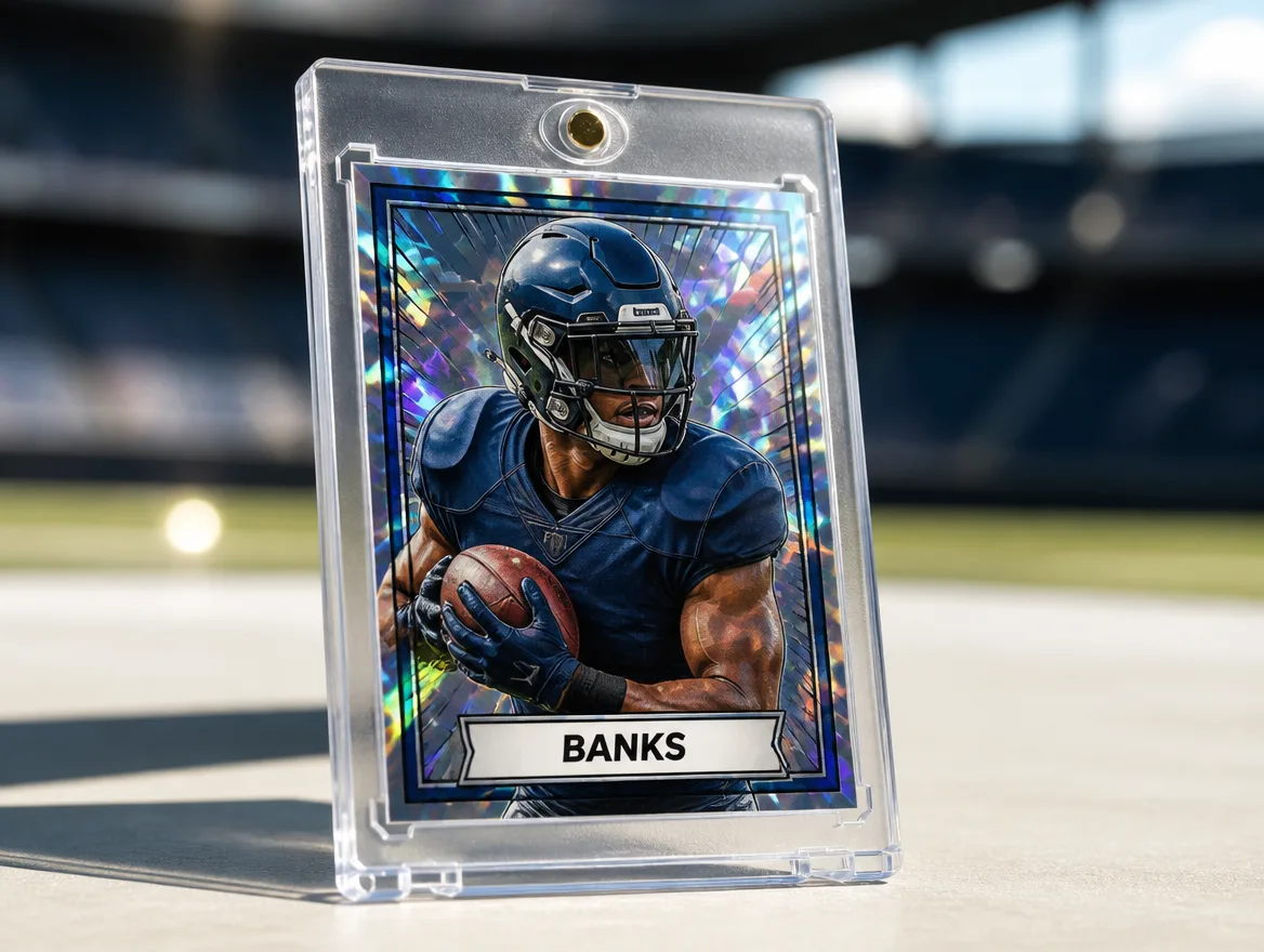 Custom football trading card displayed in a clear magnetic case