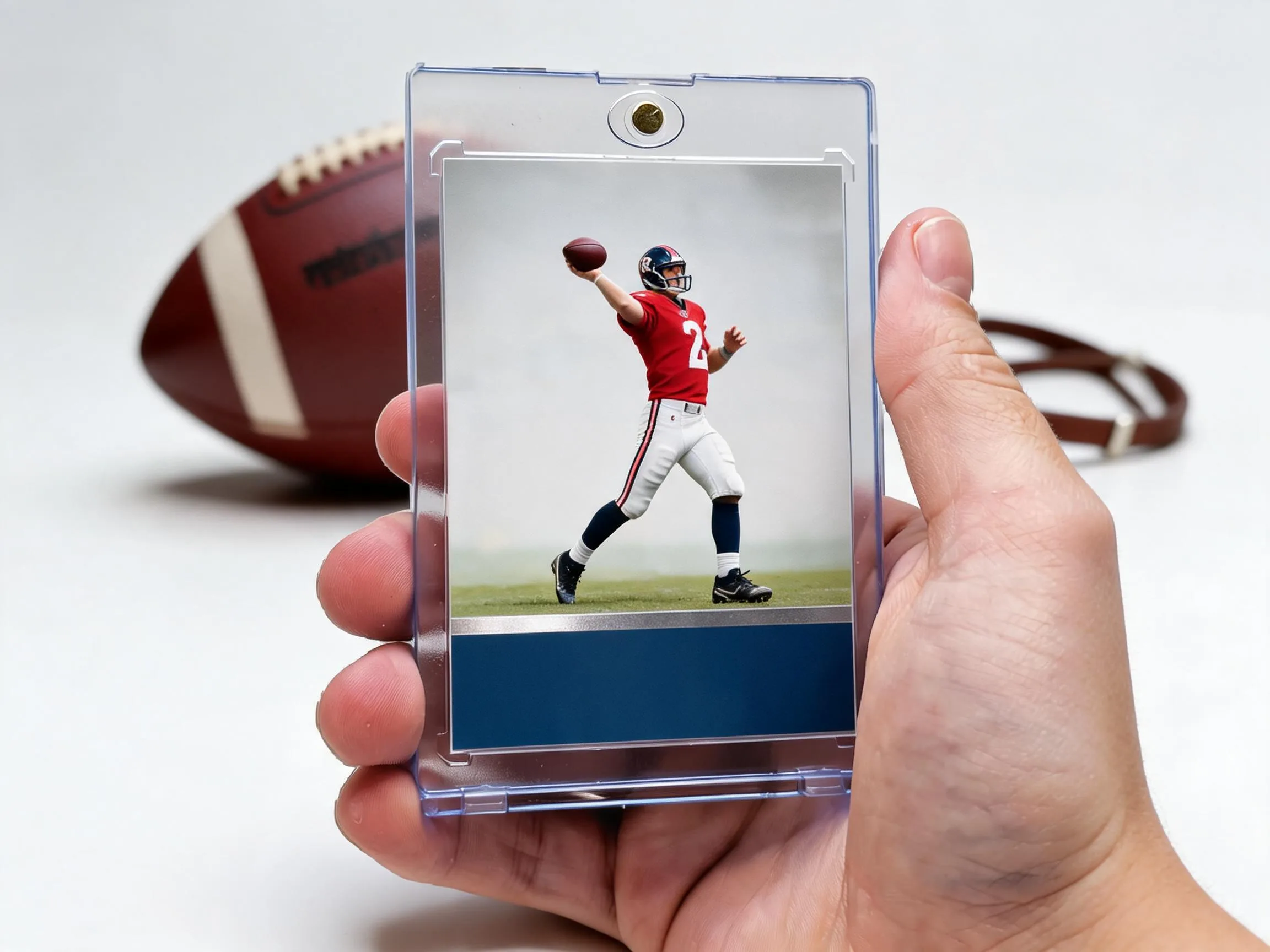 Custom football trading card in a clear magnetic display case on a tabletop.