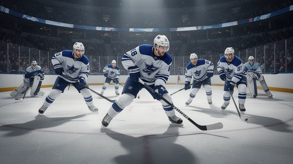 Hockey players in rapid motion competing on ice under bright arena lighting during game play